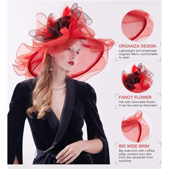 Women's Kentucky Derby Church Dress Hat C3 Red - Picture 6 of 7
